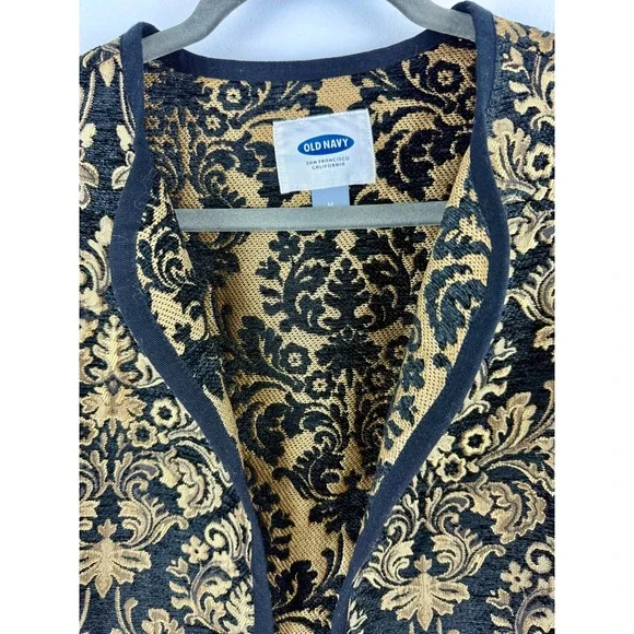 OLD NAVY Black Gold Brocade Jacquard Collarless Jacket Blazer‎ Women Size M - Picture 12 of 15